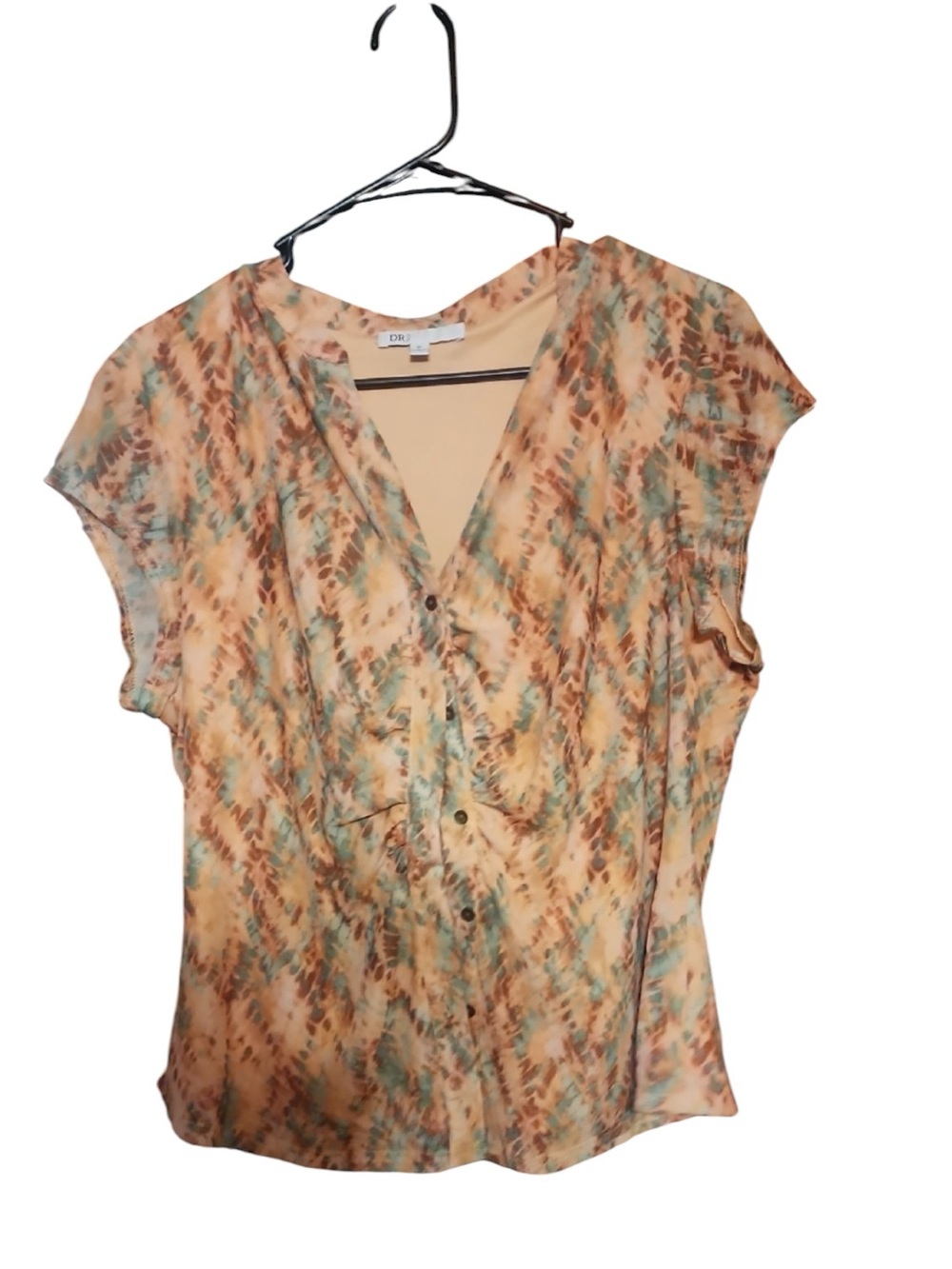 DR2 Peach, Teal and Brown Tie-Dye Chiffon Button Blouse Size XL